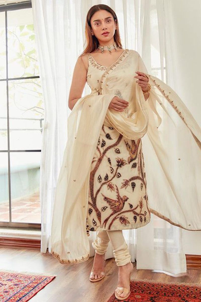 White Sequins Floral Embroidered Net Salwar Suit