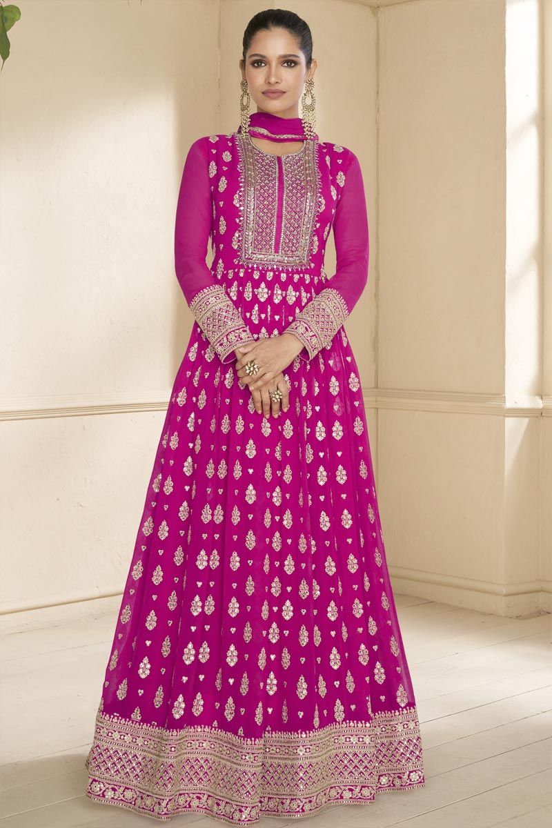 Occasion Wear Rani Pink Color Designer Mirror Pearl Lace Work Digital –  Lehenga Closet