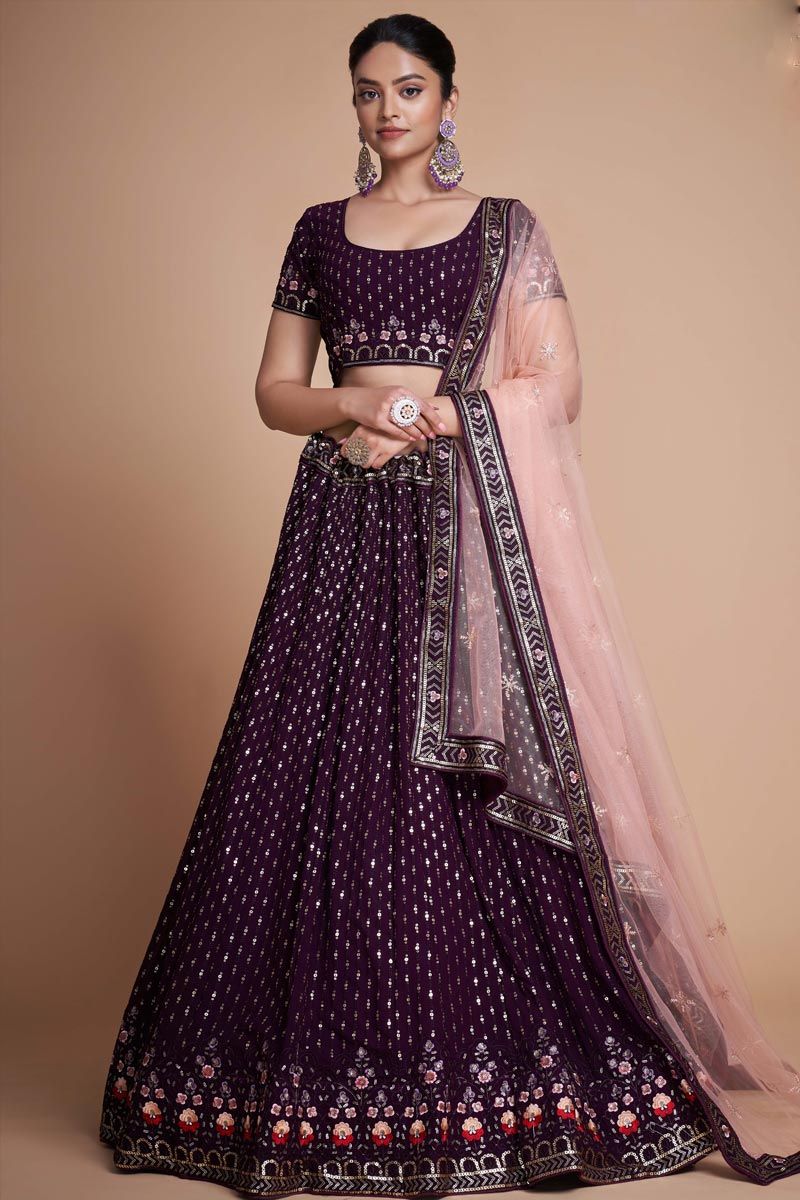 Perfect Bridal Look Wine Colour Velvet Full Heavy Codding Work Lehenga  Choli with Dupatta