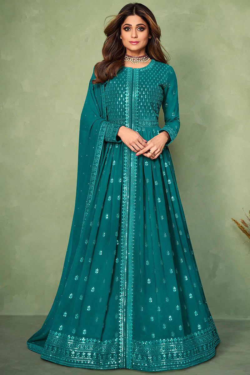 Buy Firozi Embroidery Work Georgette Designer Gown With Dupatta Online