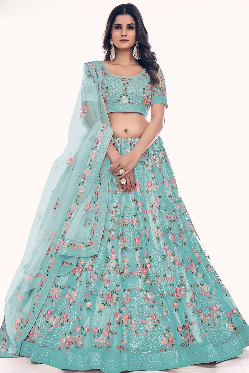 Buy Dark Blue Floral Printed Semi Stitched Lehenga With Unstitched Blouse –  Odette