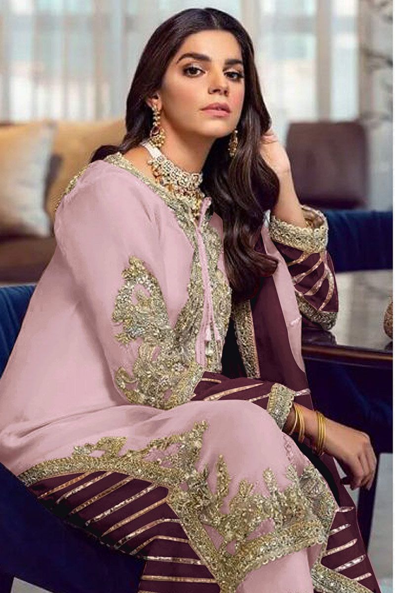 Buy Pakistani Peach Color Taffeta Silk Fabric Long Trouser Suit Online -  SALA2541 | Appelle Fashion