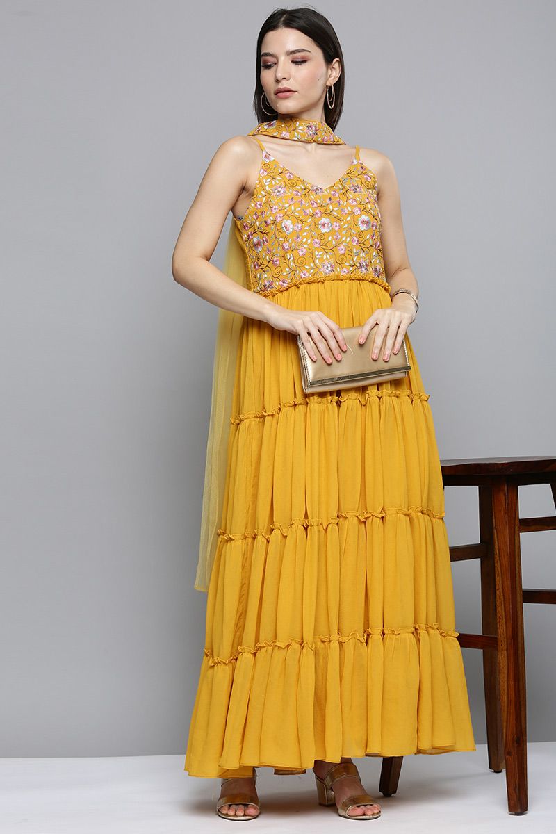 Georgette Party Wear Yellow Colours Golden Combination Dress For Girls at  Rs 4500 in Chandigarh