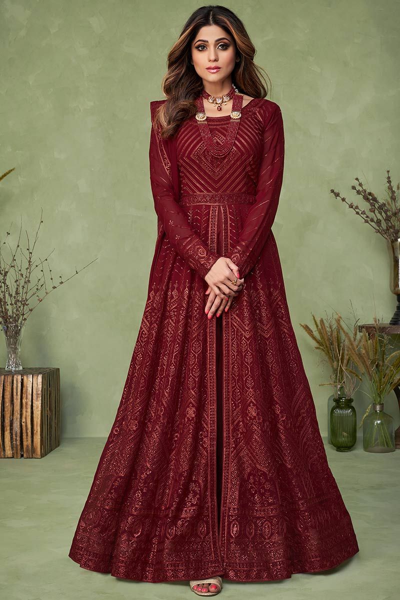 Buy Women Maroon Mukaish And Sequinned Anarkali Suit Set With Churidar And  Dupatta - Jewel Tones - Indya