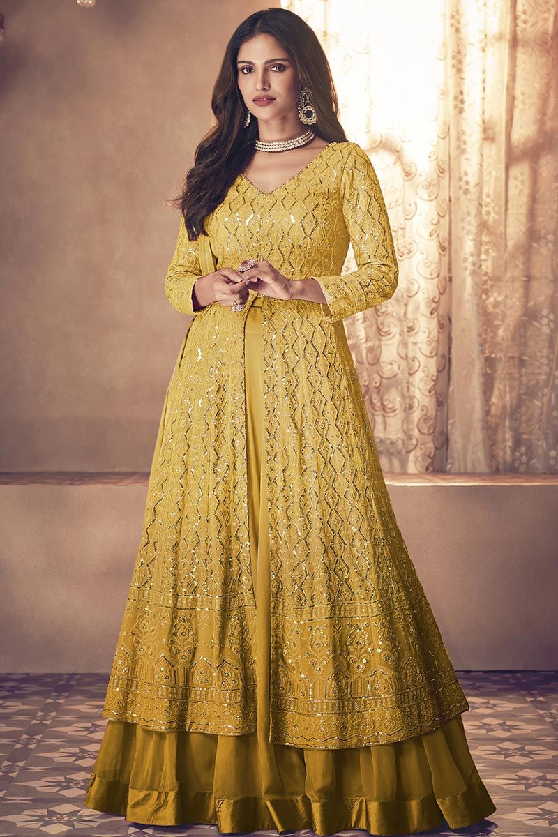 Buy Georgette Stylish Gown Mustard Color Appelle Fashion