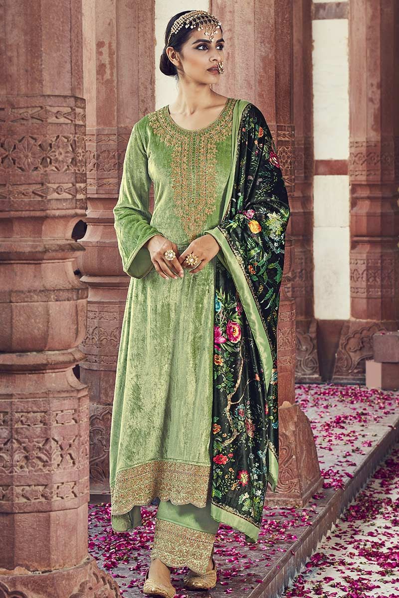 Buy Sky Green Color Heavy Faux Georgette Fabric Designer Palazzo Suit  Online - SALV4291 |Appelle Fashion