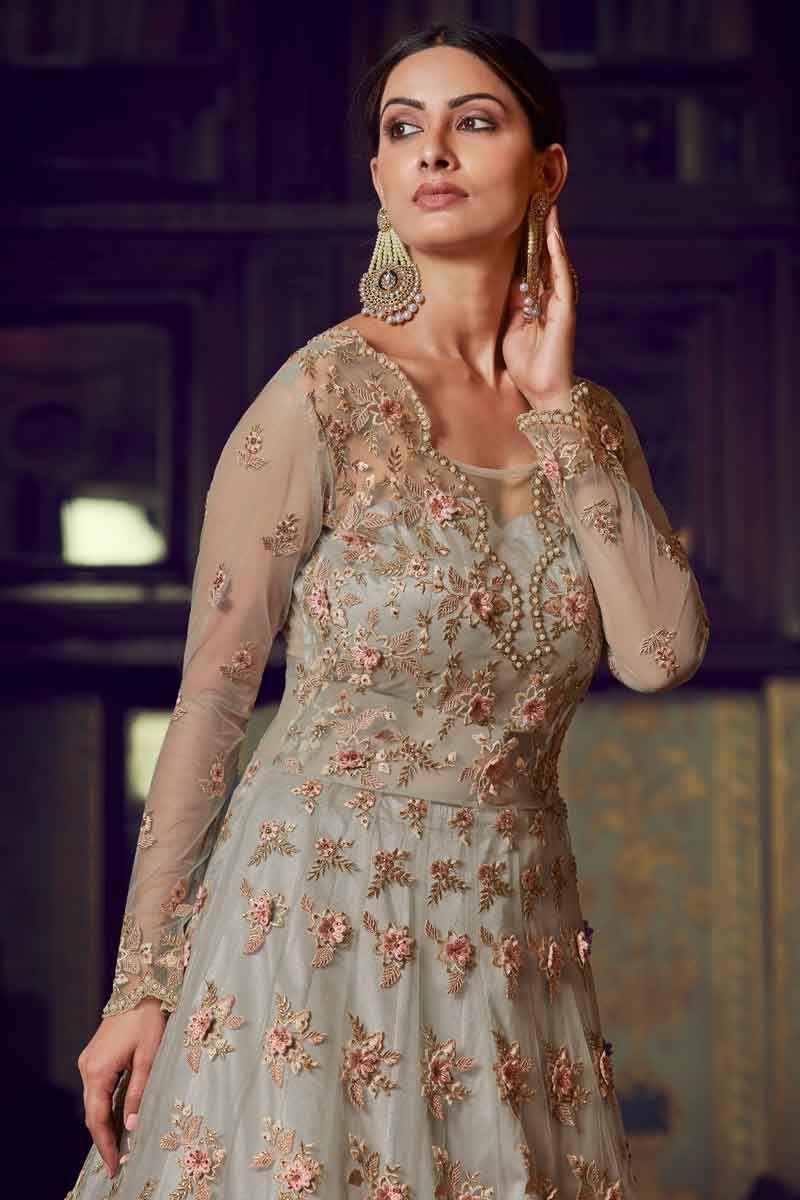 Buy Grey Net Semi Stitched Gown With Resham And Jari Embroidery Online -  SALV2123 | Appelle Fashion