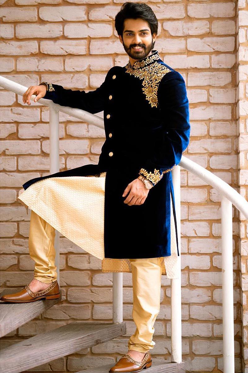 Navy blue velvet sherwani sale