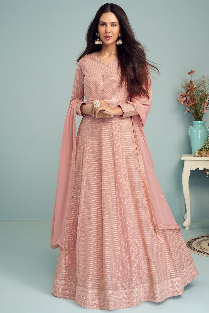 Buy Peach Embroidered Pant Style Suit Online - Salwar Kameez