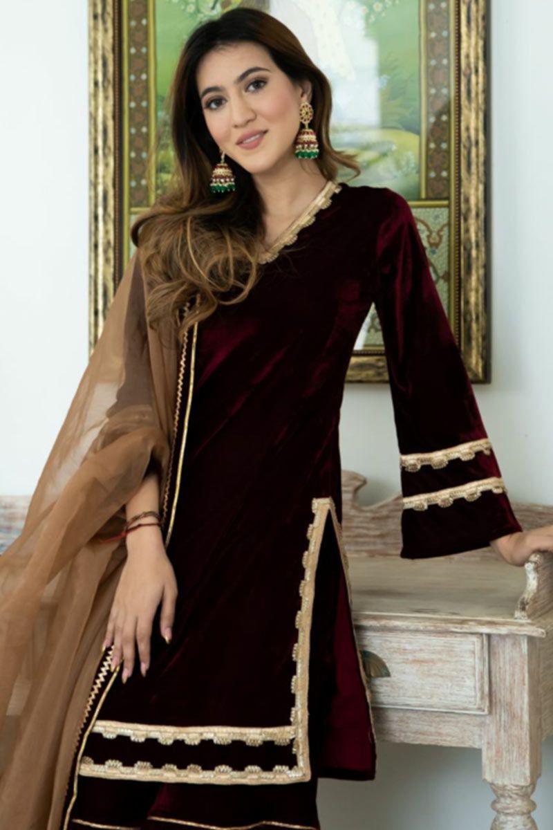 Purple Velvet Plazzo Suit Indian Salwar Kameez Embroidery Work Sharara Top  Dress | eBay