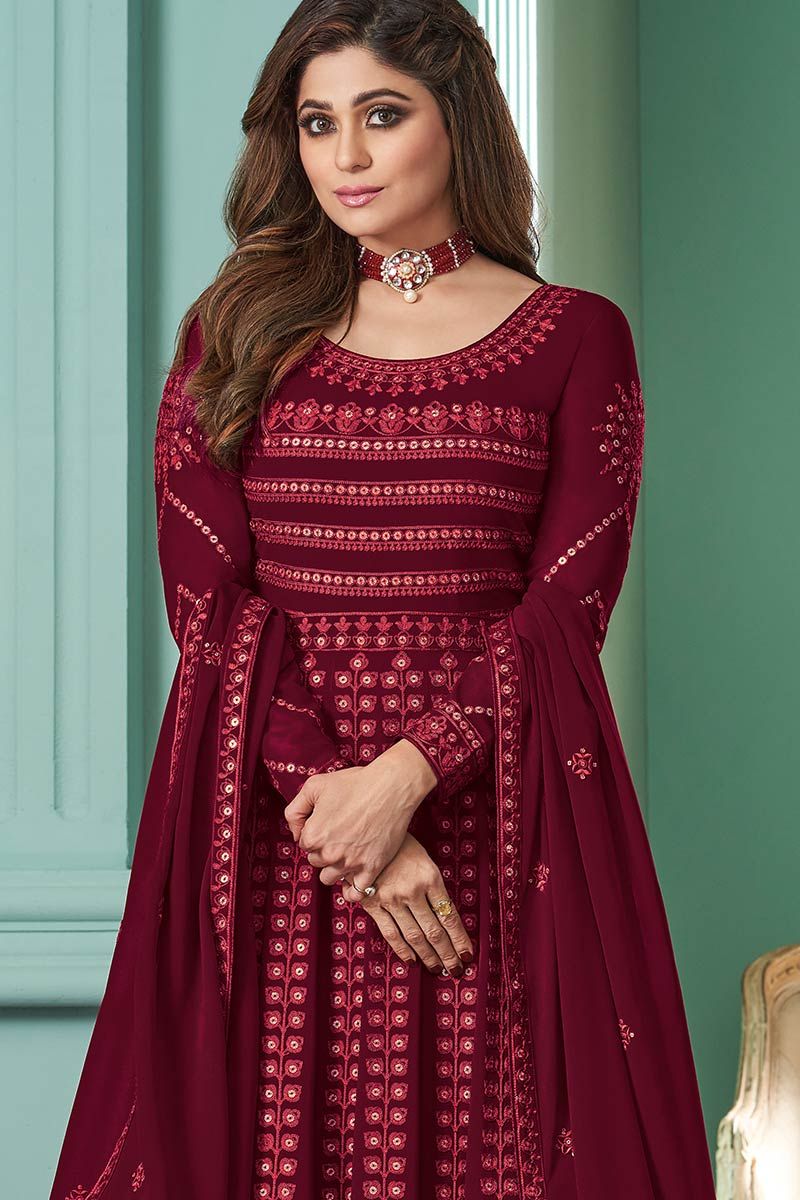Buy Party Wear Straight Cut Georgette Embroidered Maroon Color Salwar Suit  For Women – Urban Fashion