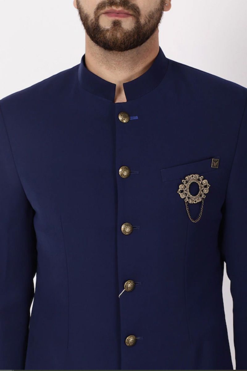 Navy Silk Bandhgala Suit - Studio Virtues