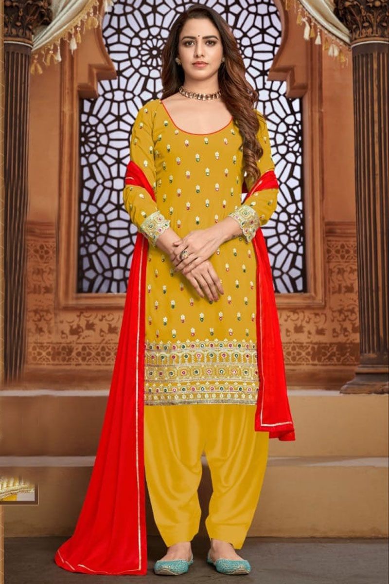 Buy Mustard Faux Georgette Haldi Wear Patiyala Suit Online ...