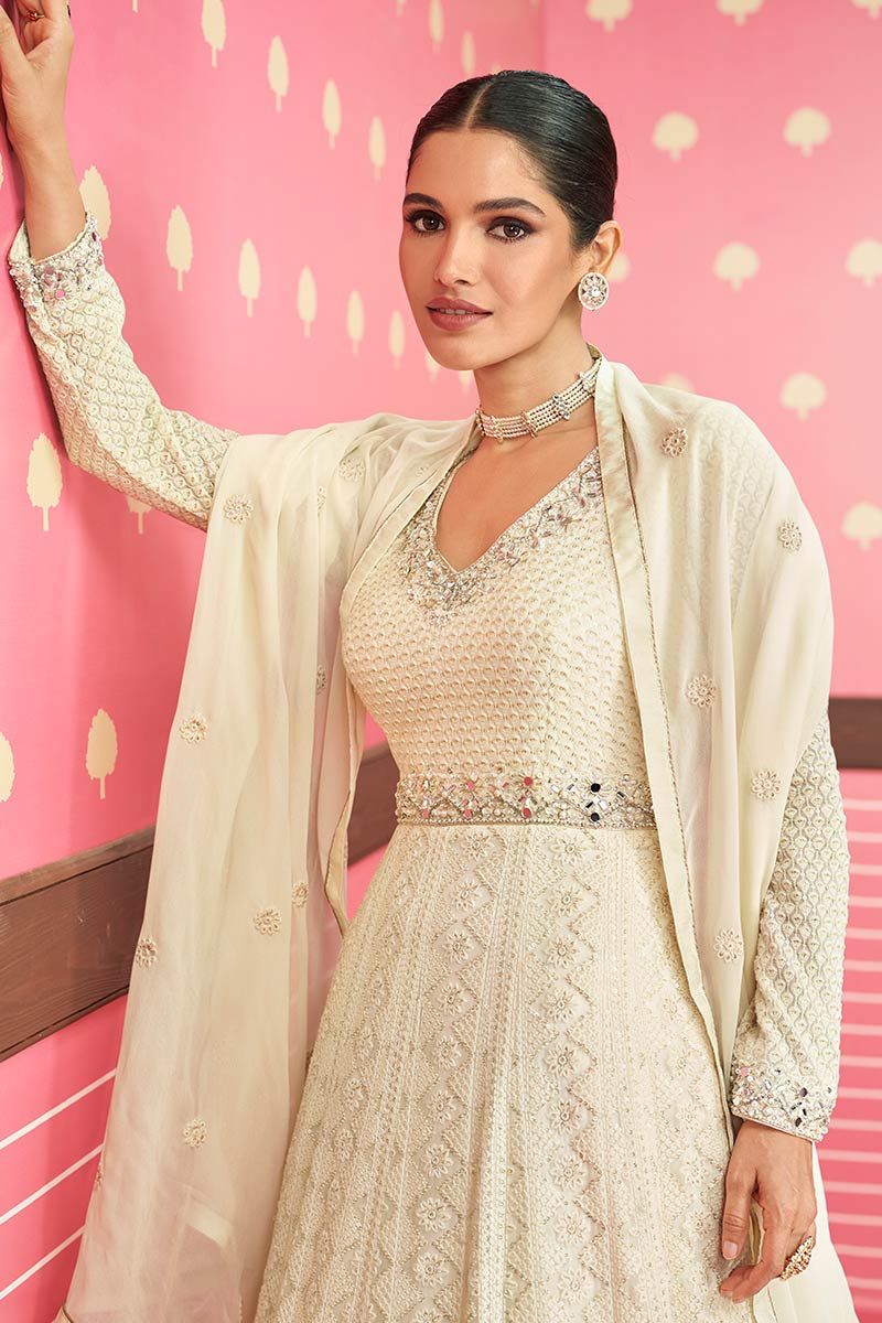 Off White Chanderi Readymade Ankle Length Anarkali Suit 189560 | Designer  party wear dresses, Party wear dresses, Party dresses online