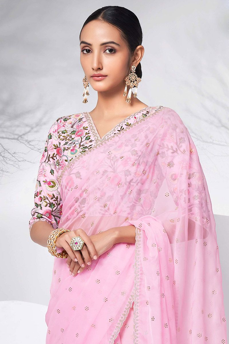 Buy Organza Fabric Party Wear Saree in Baby Pink Color
