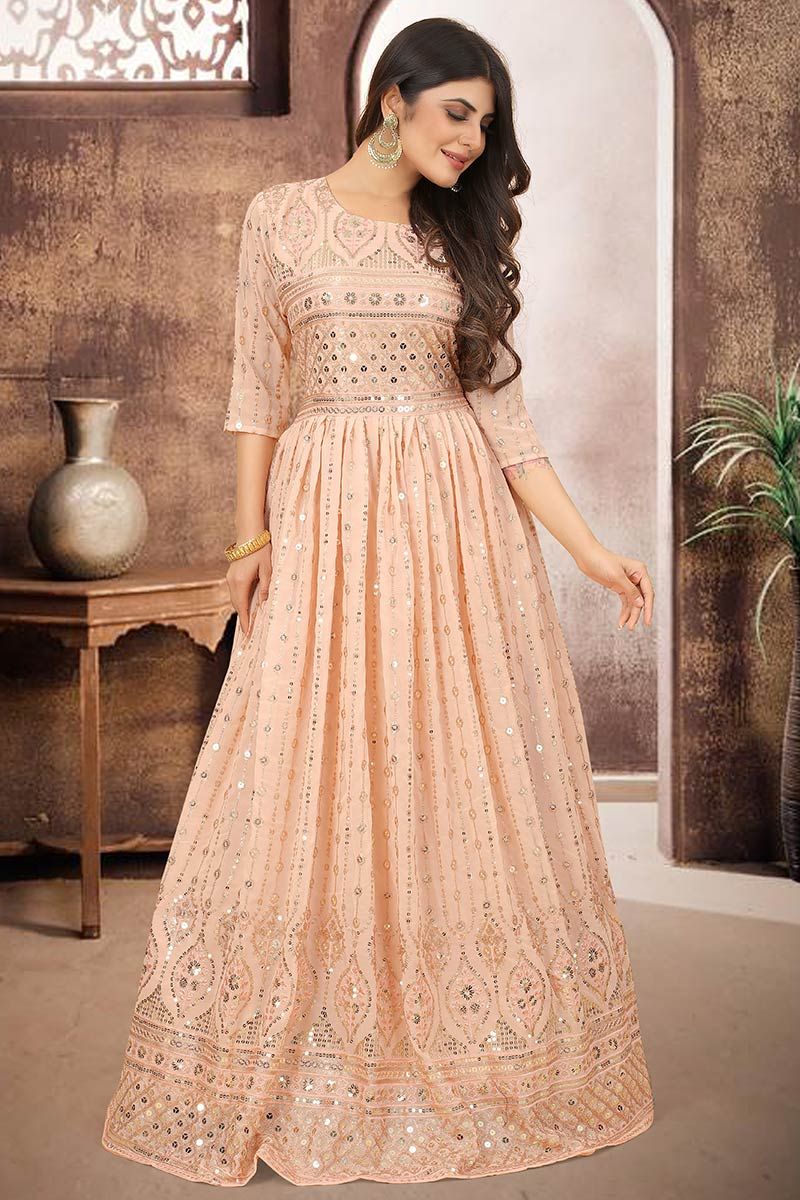 Buy Party Wear Peach Color Faux Georgette Fabric Anarkali Suit