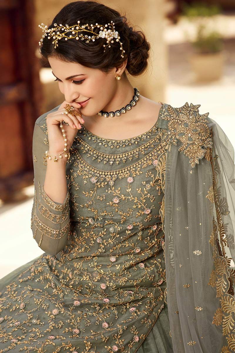 Buy Pastel Grey Color Soft Net Fabric Festive Wear Salwar Kameez