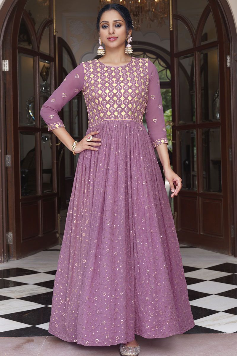 Buy Online Purple Semi-Stitched Western Gown With  Dupatta|lovelyweddingmall.com
