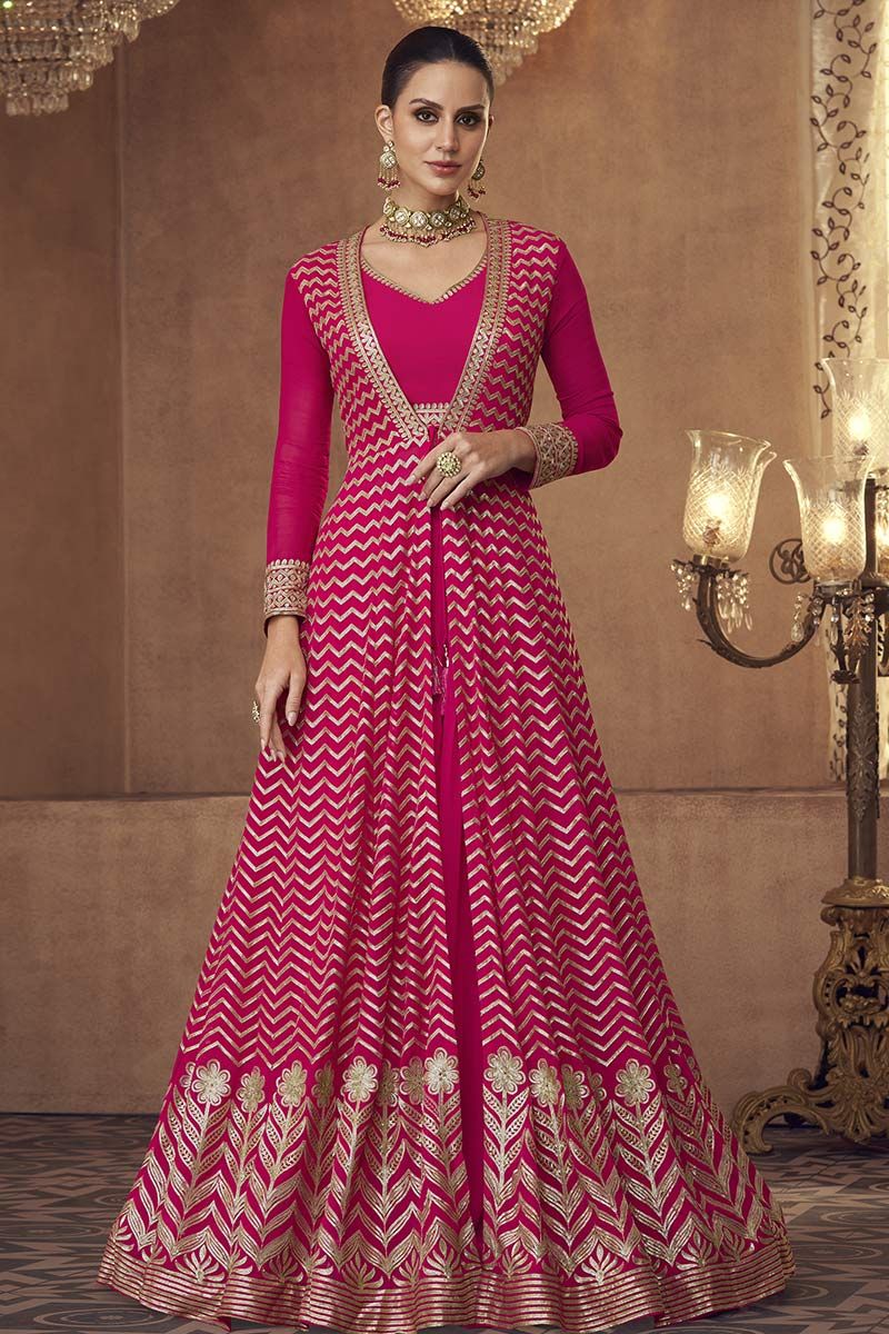 Shop Online Faux Georgette Fancy Pink Floor Length Anarkali Suit : 173617 - Salwar  Kameez