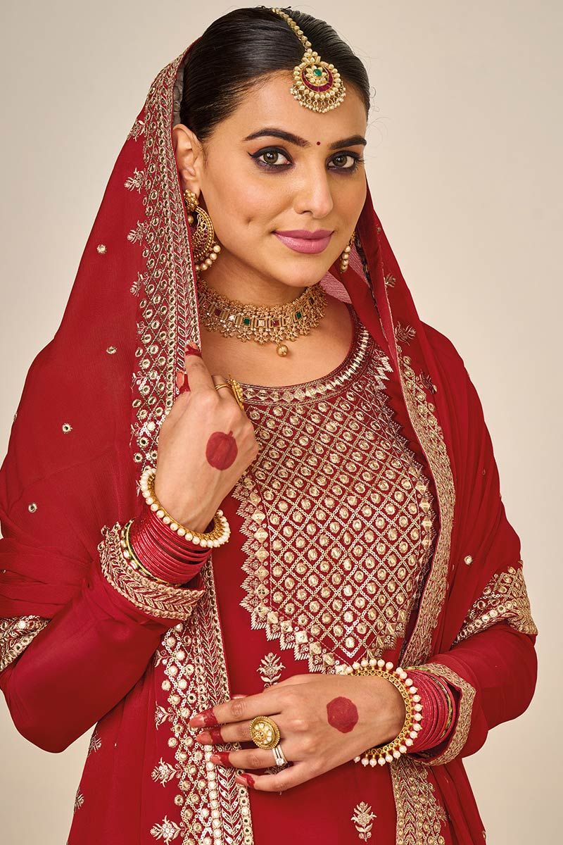 New Launch Red Heavy Designer Sharara Suit In Georgette Fabric