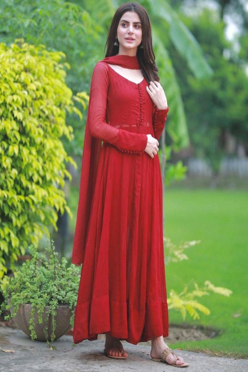 Women's Red Thread Work Anarkali Set (3pcs set) - Label Shaurya Sanadhya |  Red colour dress, Frock for women, Indian fashion dresses