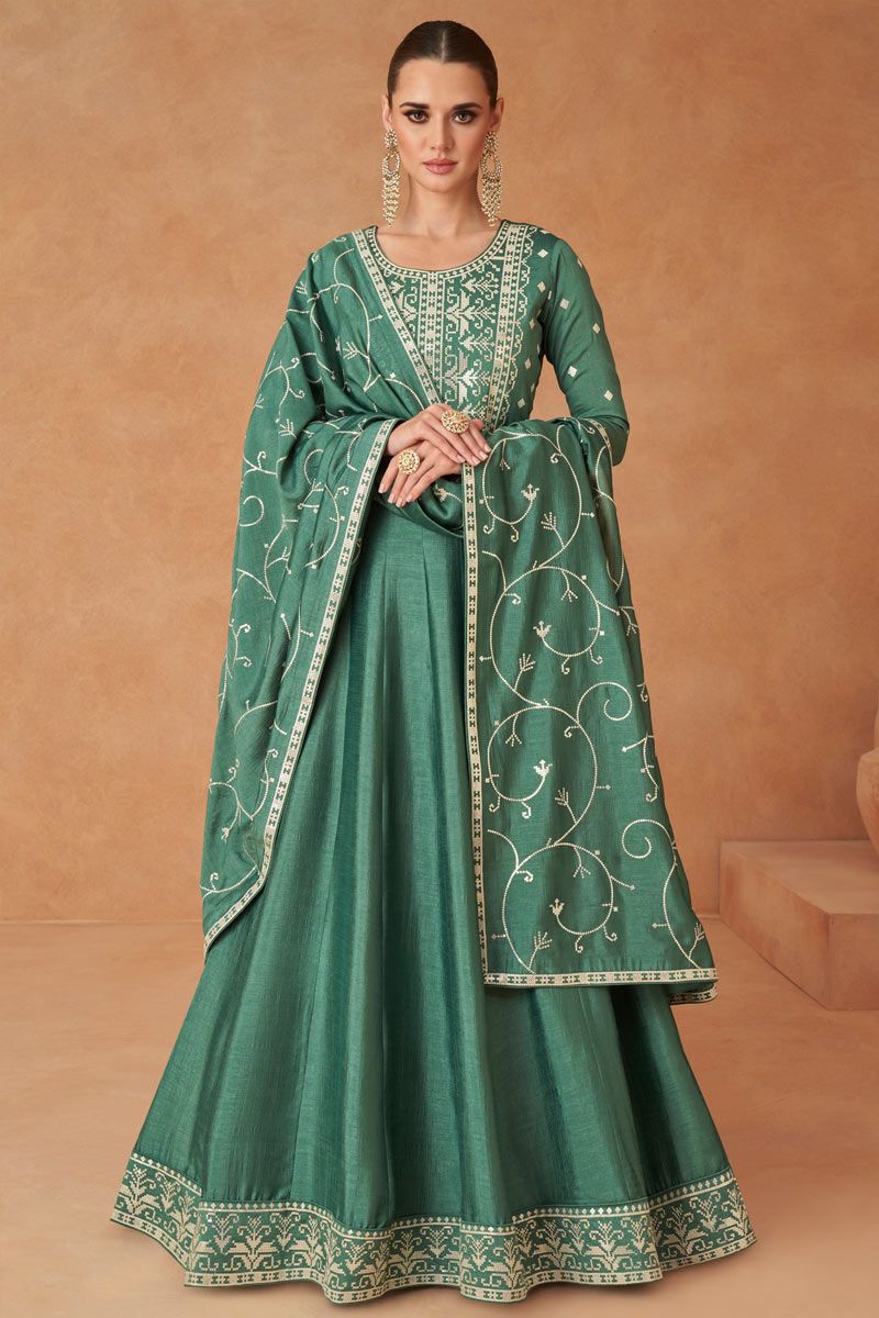Faux Georgette Embroidery Anarkali Suit In Sea Green Colour - SM5630049