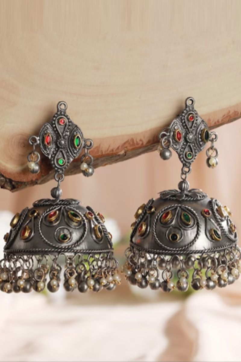 18 KT Gold Plated Dome-Shaped Kundan Jhumkas – Curio Cottage