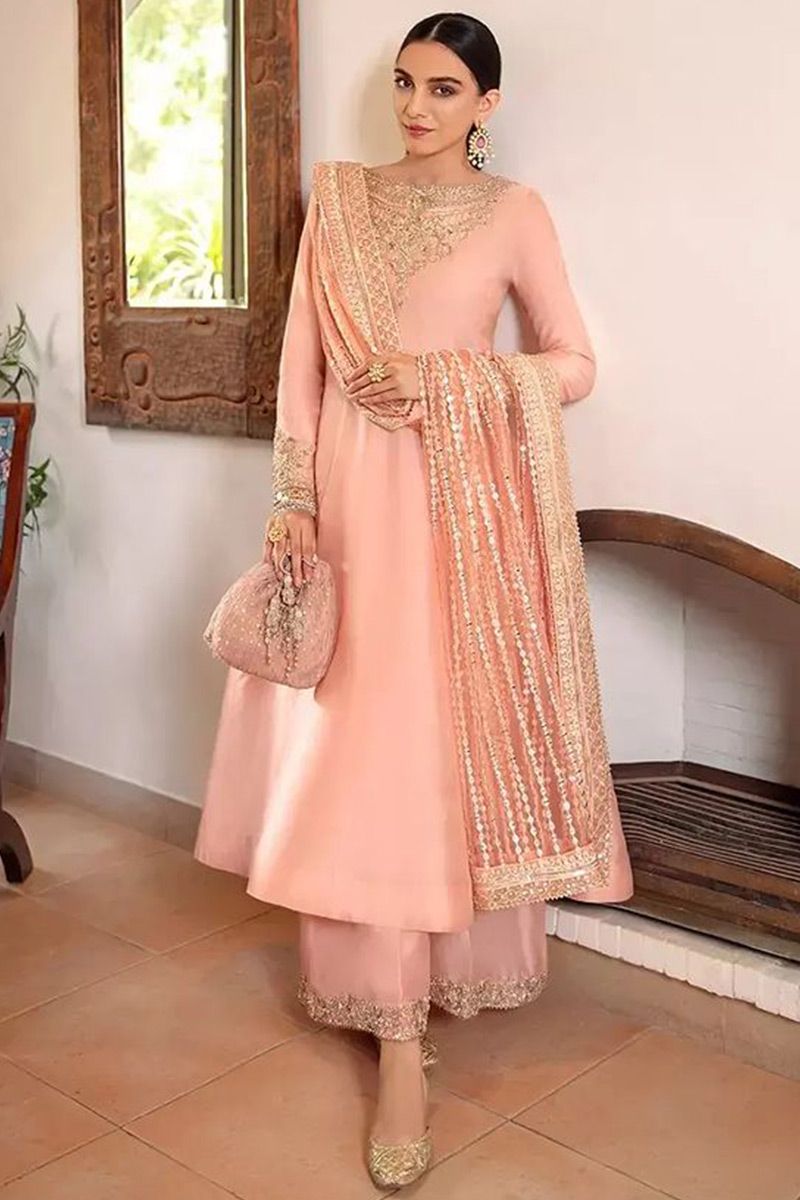 Beauteous Peach Color Taffeta Silk Party Wear Salwar Suit