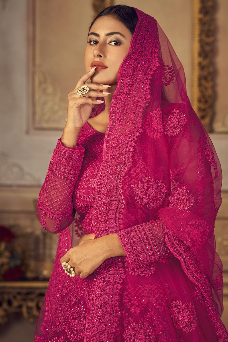 Buy Women Rani Pink Net Embroidered Lehenga Choli