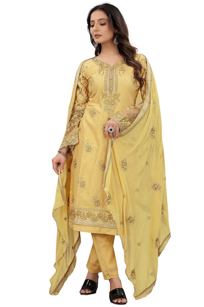 Shop Yellow Art Silk Embroidered Palazzo suit Party Wear Online at Best  Price | Cbazaar
