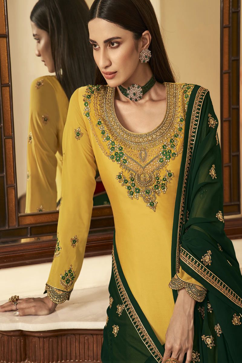 Jacquard Green Embroidered Party Wear Kurti -