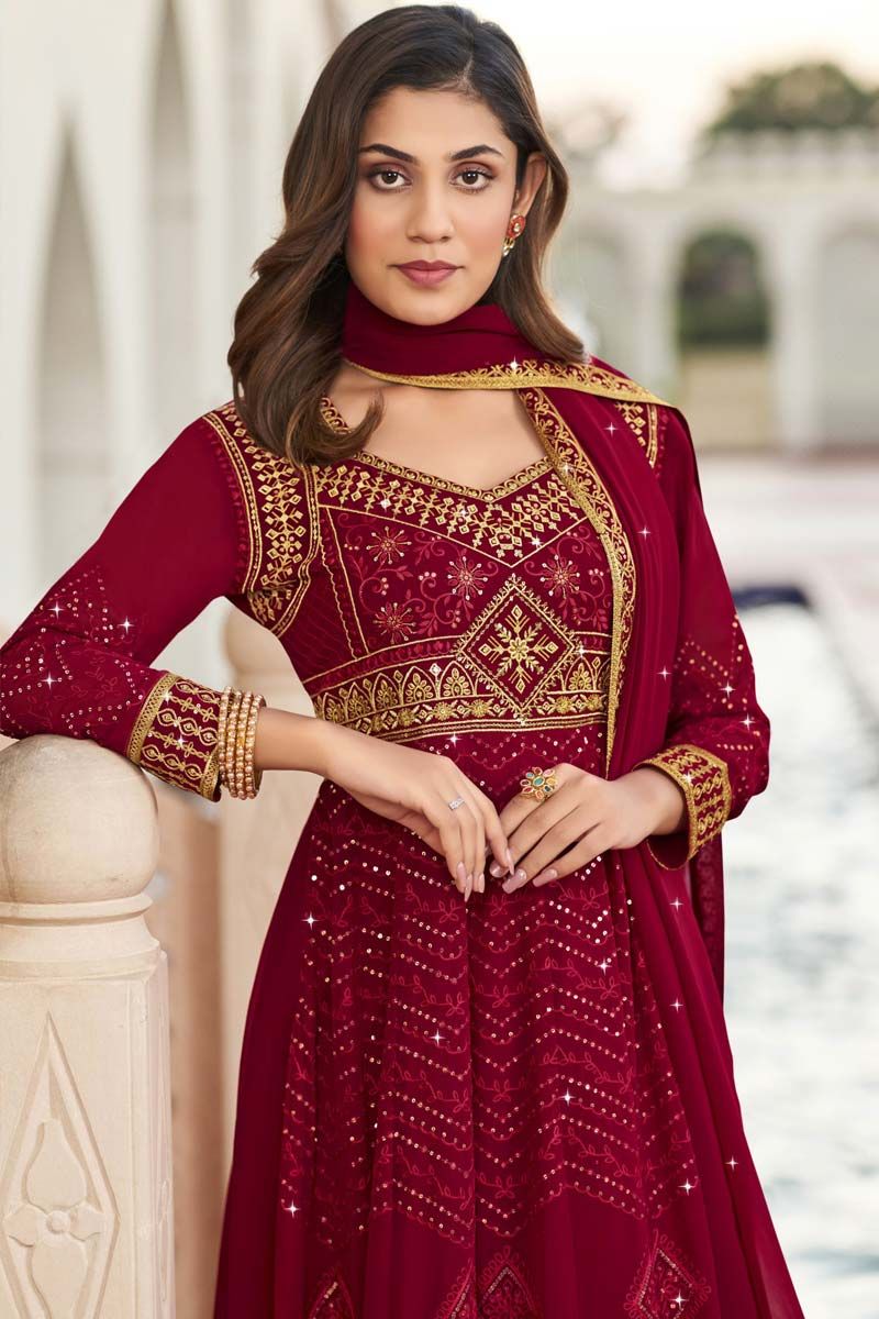 Buy Designer Maroon Georgette Gown With Embroidery Work Online